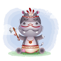 a cute hippo in a headdress with feathers. Cartoon apache hippopotamus. Vector illustration
