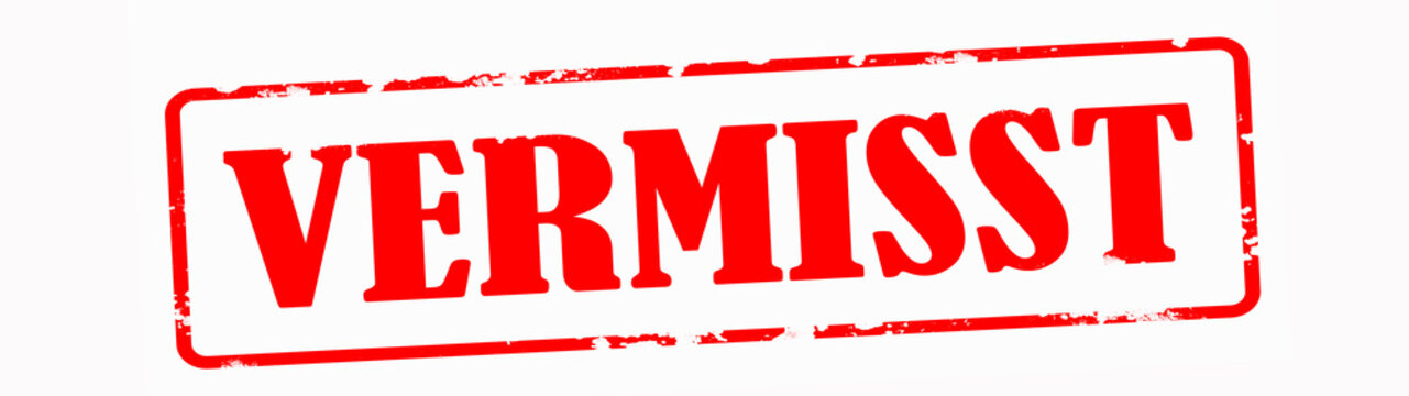 Roter Stempel zerkratzt (Banner) mit dem Wort: "VERMISST", isoliert auf wei&szlig;em Hintergrund