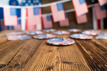 Fourth of  July. Independence Day concept. American flags on the wooden rustic table.