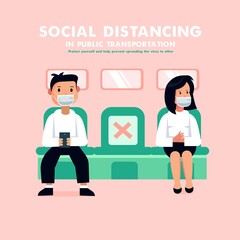 Flat style vector illustration. Social Distancing Prevent Corona Virus Covid 19, Attention, Awareness. Social distancing in public transportation