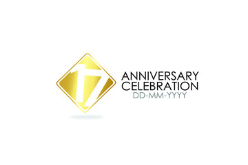 Naklejka premium 17 year anniversary, minimalist logo years, jubilee, greeting card. Birthday invitation.Sign Flag Gold space vector illustration on white background - Vector