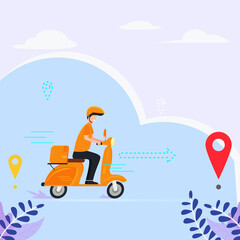 Fast delivery. Courier provides free delivery of goods or postal parcels use a scooter. Vector illustration in flat style
