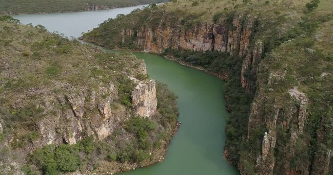 Aerial view of famous Canyons of Capitolio's lagoon. Capitolio, Minas Gerais, Brazil. Beauty landscape. Furnas's dam. 4K.
