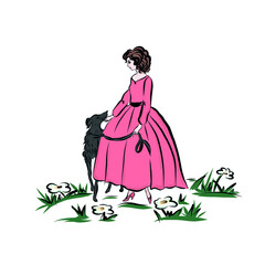 Vintage elegance woman with dog on walk on green meadow with grass and flowers. Woman in pink dress. Adult character with pet. Drawing for illustration of book.