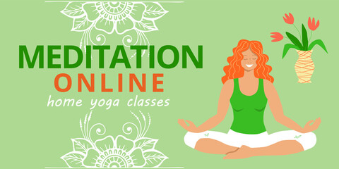 Banner for web page template. Meditation and yoga classes online advertising. Redhead girl meditates and relaxes in the lotus position and mehendi patterns for design. Stock vector flat illustration.