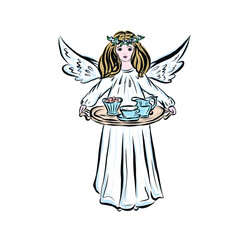 Angel holding tray with tea pairs. Symbol god of man. Concept of resurrection of Jesus Christ. Christmas, Easter design. 
