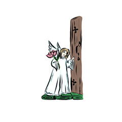 Cute angel opens the door. Symbol god of man. Concept of resurrection of Jesus Christ. Christmas, Easter design. 