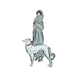 Elegant vintage woman in fur coat walking with dog. Woman dressed in victorian old fashioned style clothes. Lady of 19th century.