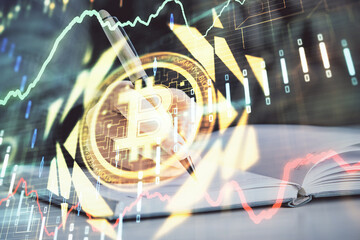 Cryptocurrency hologram over woman's hands writing background. Concept of blockchain. Double...