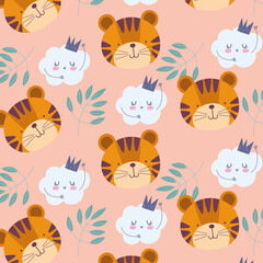cartoon cute animals characters tiger faces clouds leaves background