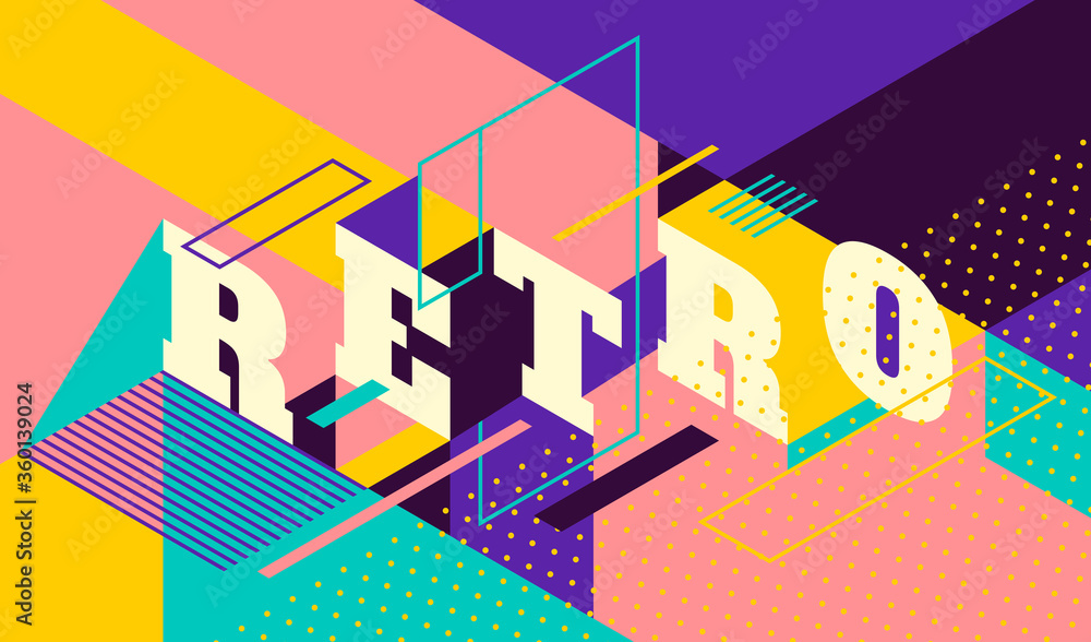 Aufkleber modish isometric abstract banner in colorful retro style with typography. vector illustration.