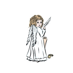 Little sweet angel boy with feather. Baby with wings. Linear drawing of adorable character from Bible. Concept of resurrection of Jesus Christ. Christmas, Easter design.