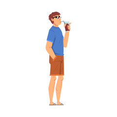 Relaxed Young Man Drinking Cocktail, Lounging Male Character Wearing Tshirt and Shorts Ready to Enjoy His Leisure Vacation, Summer Holidays and Traveling Cartoon Vector Illustration