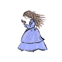 Lovely girl with curly long hair in purple dress reading book