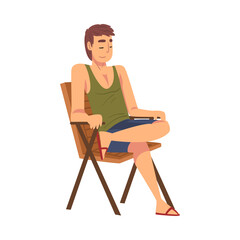 Relaxed Young Man Sitting in Beach Chair, Lounging Male Character Enjoying His Leisure Vacation, Summer Holidays and Traveling Cartoon Vector Illustration