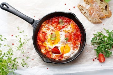 Baked eggs with tomatoes and vegetables. Nutritious healthy breakfast. Ready dish served in a hot pan. Suggestion of serving the dish.