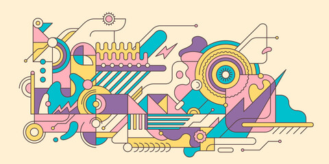 Modern abstract illustration in retro style, made of various geometric shapes in color. Vector illustration.