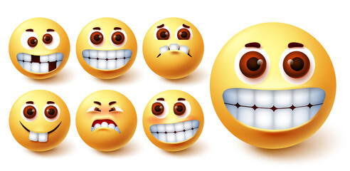 Emoji smileys vector set. Emojis smiley yellow avatar face with funny, crazy, happy, weird and blush mood and facial expression for icon social media design element. Vector illustration  