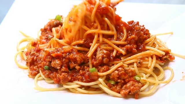 Spaghetti  with potatoes sauce  in pan , in door  Chiangmai  Thailand