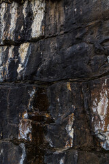 Close up. Black, white and brown  rock pattern on the  Rocky Mountains, Canada. Background or texture  