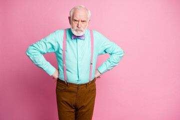 Photo of crazy mad aged man hands by sides angry grimace blaming children for spoiling furniture...