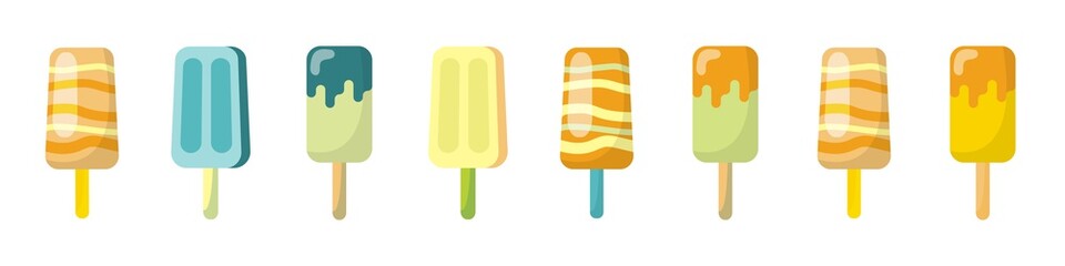 A set of fruits and ice cream. Watermelon, orange. Trending summer pastel colors 2020. Vector image in flat design style.