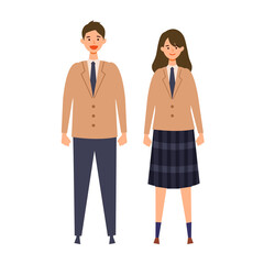 制服を着た男女の学生のイラスト　高校生、中学生　揃いの制服を着た同じ学校の生徒達