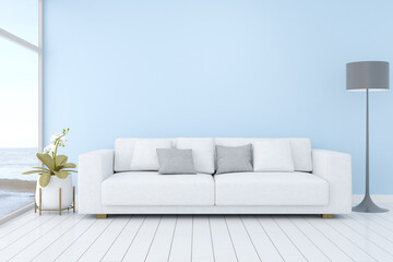 Modern interior design with sofa and side table on sea background. 3D rendering