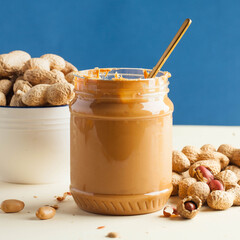 An open jar of peanut butter with a spoon and peanuts in the shell around. Breakfast, food for...