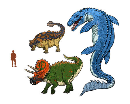 Set of 3 dinosaurs. Comparison between dinosaurs and human.  Mosasaurus, Ankylosaurus, Triceratops.