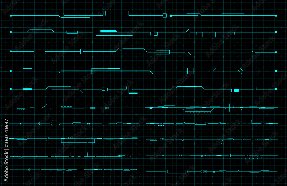 Poster set of hud futuristic header, footer and line elements on dark hi tech background. fui design elemen