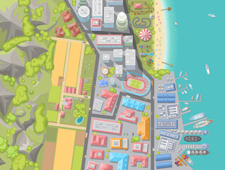 Vector illustration. Landscape view from above. City, buildings, skyscrapers, houses, stadium, park, road, port, sea, farm, field. (top view) 