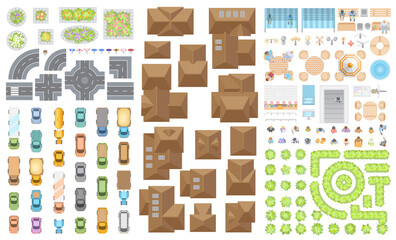 Set of landscape elements. Houses, architectural elements, furniture, plants. Top view. Road, cars, people, furniture, houses, flowerbed. View from above. 
