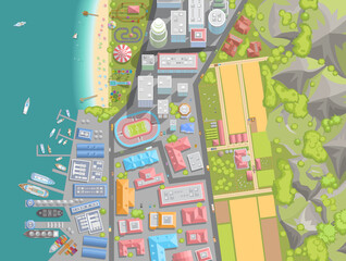 Vector illustration. Cityscape view from above. City, buildings, skyscrapers, houses, stadium, park, road, port, sea, farm, field. (top view) 