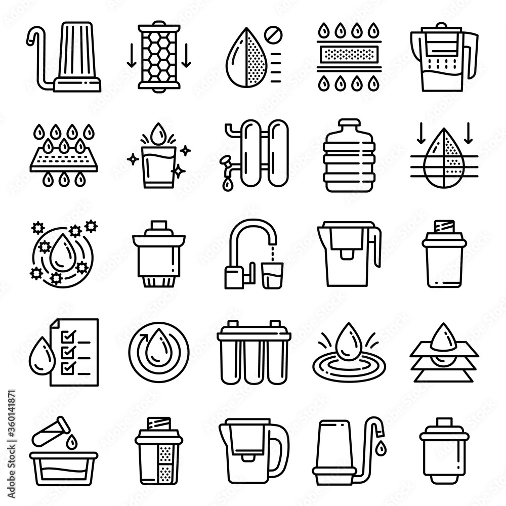 Poster filter water icons set. outline set of filter water vector icons for web design isolated on white ba