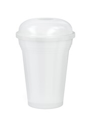 White plastic cup for smoothie or frappe on white background