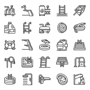 Pool equipment icons set. Outline set of pool equipment vector icons for web design isolated on white background