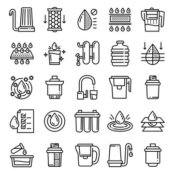 Filter water icons set. Outline set of filter water vector icons for web design isolated on white background