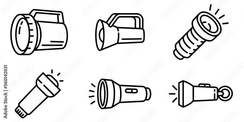 Poster flashlight icons set. outline set of flashlight vector icons for web design isolated on white backgr