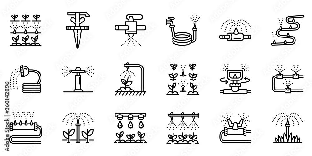 Poster irrigation system icons set. outline set of irrigation system vector icons for web design isolated o
