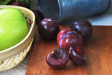 Close up Fresh Juicy Plum Cut Half