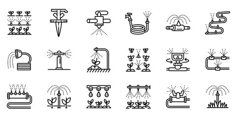Irrigation system icons set. Outline set of irrigation system vector icons for web design isolated on white background - obrazy, fototapety, plakaty