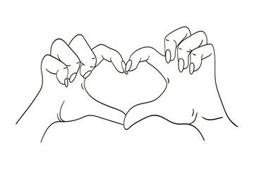 Heart and female hand of love symbol in minimal linear trendy style. Hands folded in the shape of a heart, sign isolated on a white background. Symbol of love. Concept of showing love.