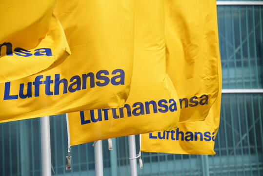 Hanover, Lower Saxony / Germany - May 5, 2019: Flags with the logo of Lufthansa in Hanover, Germany - Lufthansa is the largest German airline