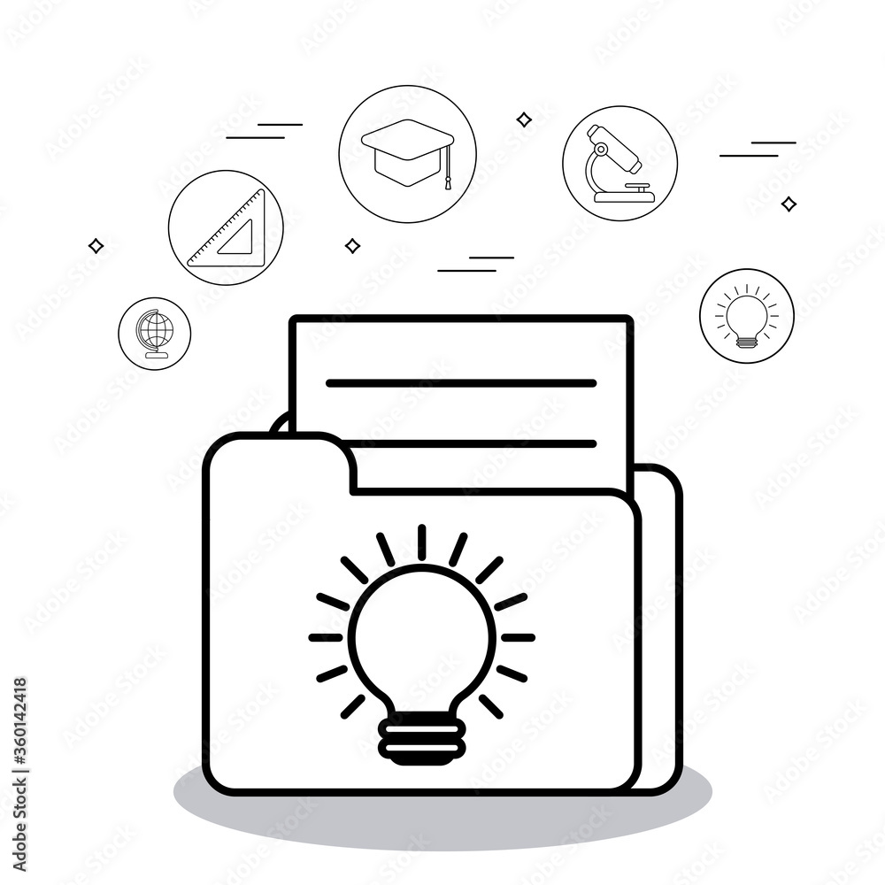 Poster education file with light bulb and icon set vector design