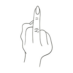 Gesture. Rude sign. Woman hand with middle finger up. Vector illustration in sketch style isolated on a white background. Making aggression signal by hands.Fuck off. Fuck you hand finger logo icon.