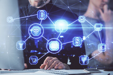 Media network theme hologram with man working on computer on background. Concept of internet communication. Double exposure.