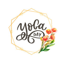Obraz premium Lettering Yoga. Vector background International Yoga Day. Vector design for poster, T-shirts, bags. Yoga typography. Vector elements for labels, logos, icons, badges.