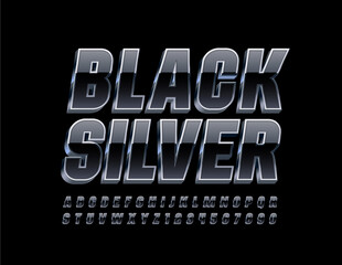 Vector Black Silver Alphabet Letters and Numbers. 3D Reflective Font