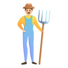 Happy farmer with fork icon. Cartoon of happy farmer with fork vector icon for web design isolated on white background